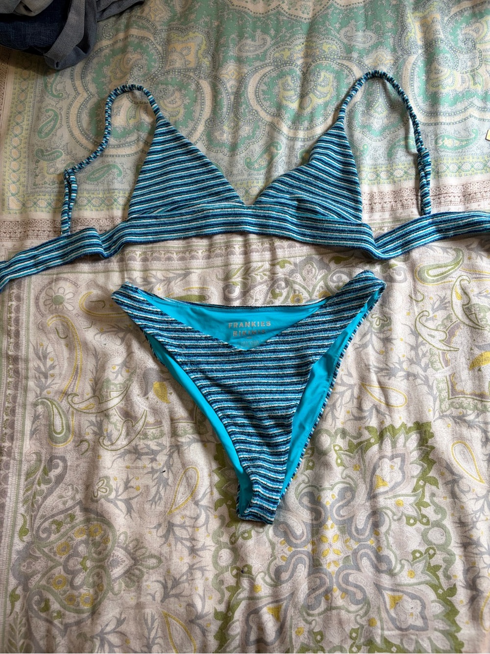 Frankie's Bikinis Teal and Navy Striped Triangle Bikini